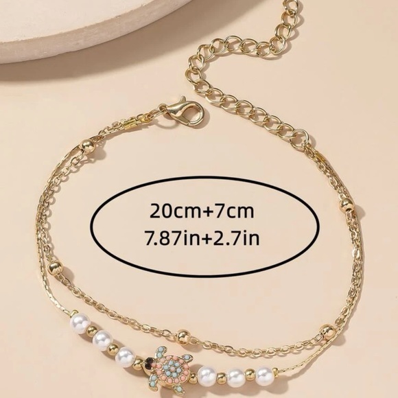 Faux Pearl and Turtle Layered Anklet Golden - Picture 4 of 7